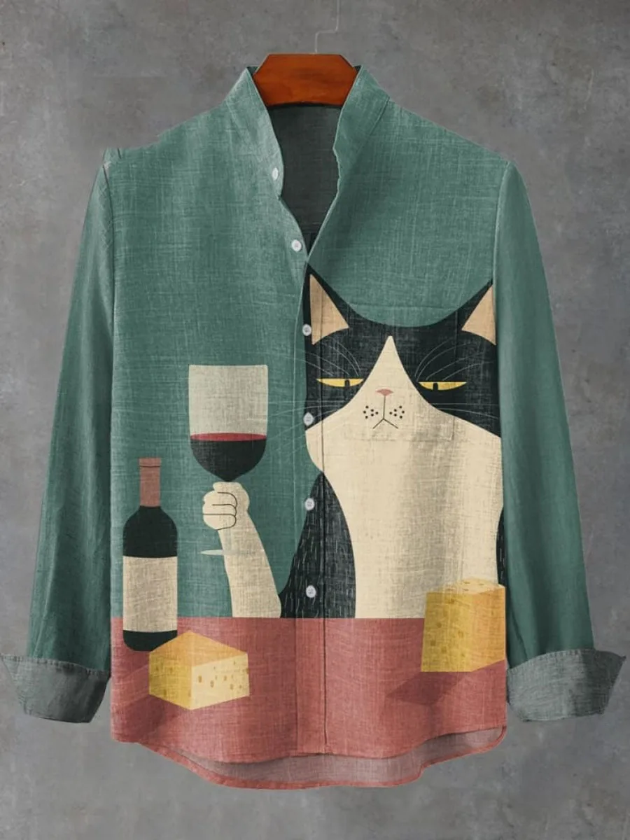 Muzułmańska Odzież Męska Jesień Najlepiej Sprzedająca się Męska Koszula Lniana z Długim Rękawem z Retro Nadrukiem Kotka Ropa Hombre