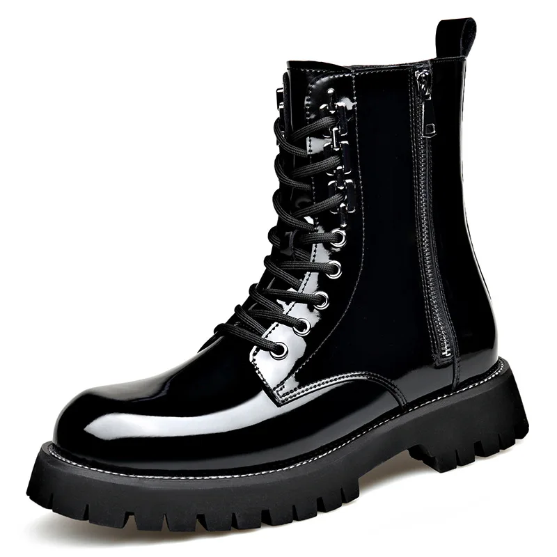 mens fashion party nightclub autumn winter boots black brown patent leather shoes cowboy platform boot high motorcycle botas man