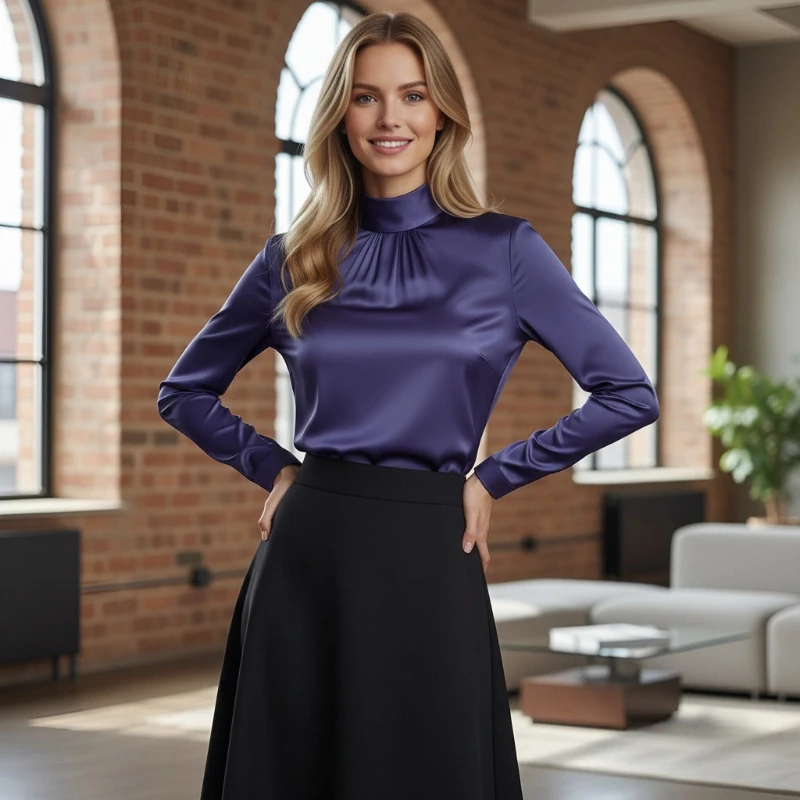 2026 primavera moda gola blusas de manga comprida elegante fino-ajuste blusa de cor sólida outono senhora do escritório topos de cetim