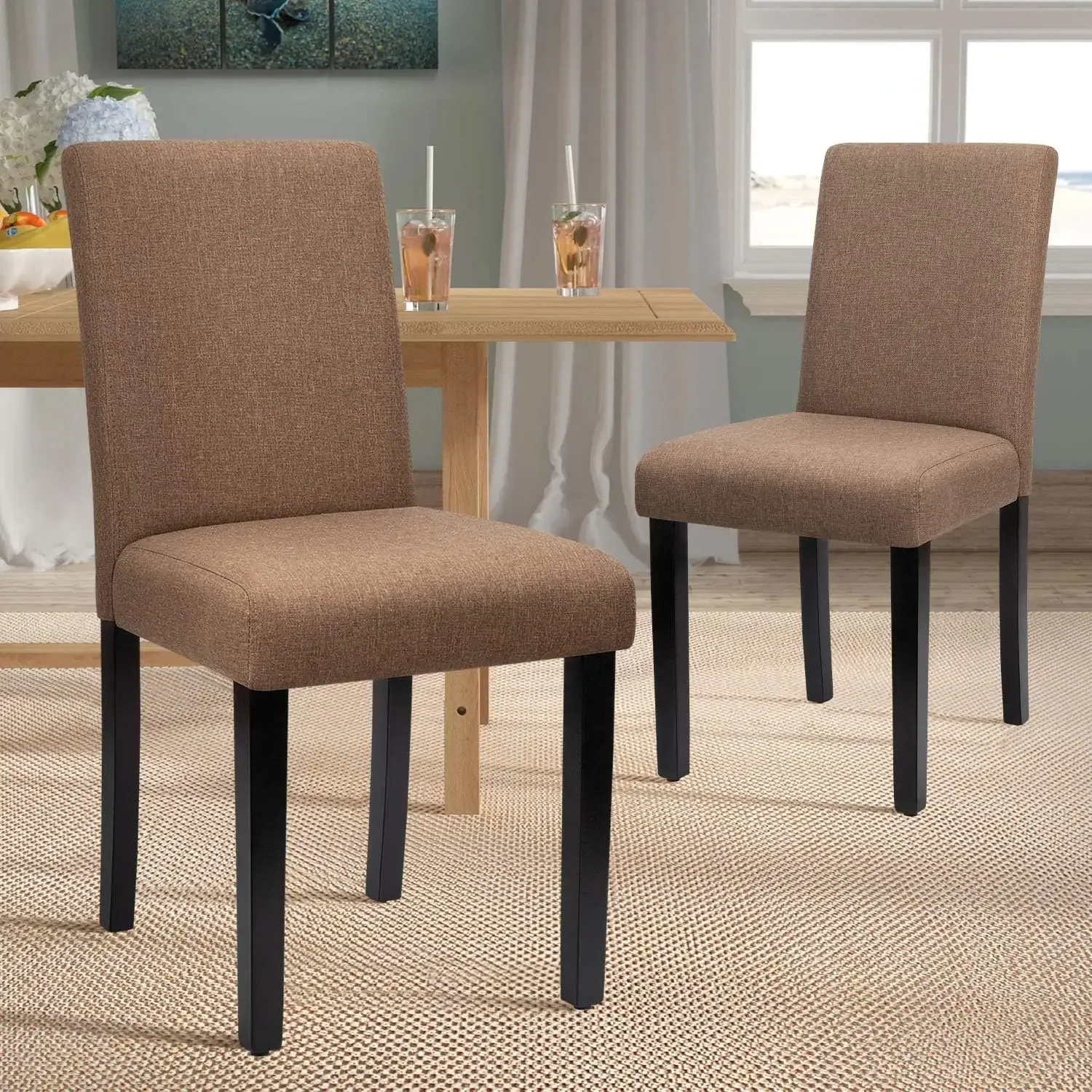 Dining Chairs Upholstered Parson Urban Style Kitchen Living Room Side Padded Chair with Solid Wood Legs Set of 4 (Fabric, Brown)