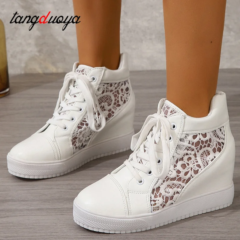 Women Wedge Platform Sneakers Lace Leather High heels Lace Up Shoes Pointed Toe Height Increasing Shoes White Casual shoes