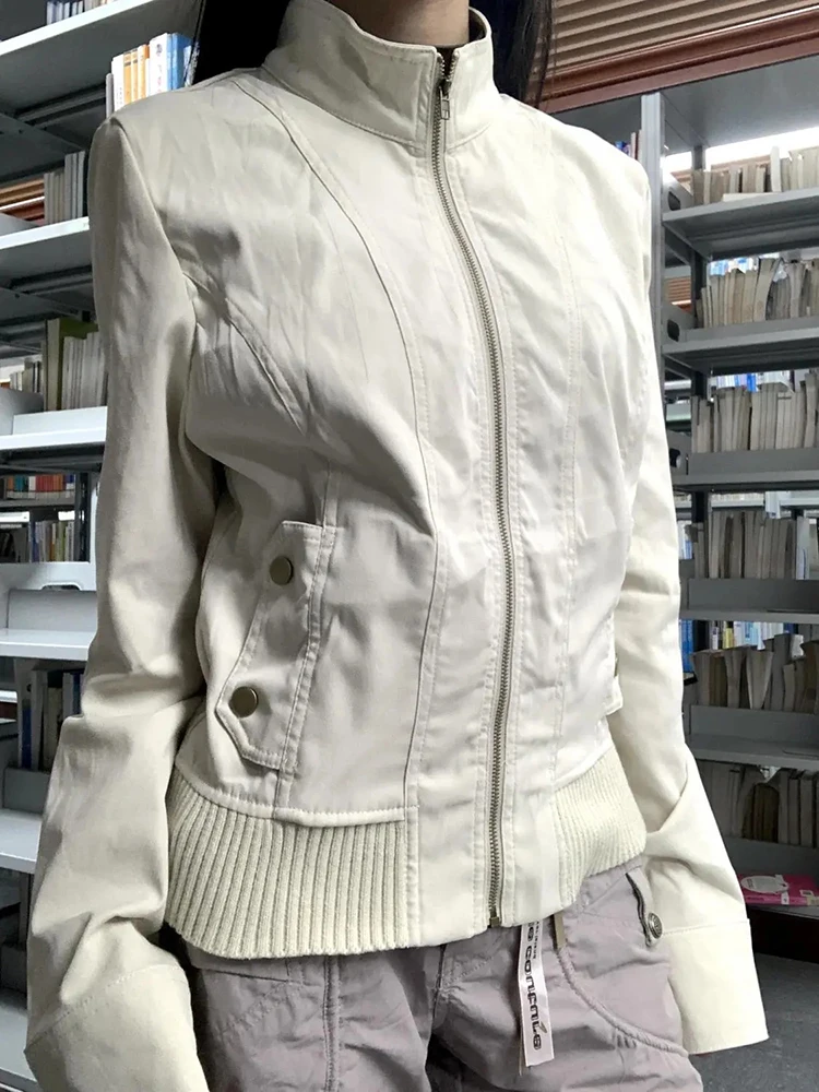 Vintage Stand Collar Women Jacket Y2K American Streetwear Slim Motorcycle Coats Female Gothic All Match Zipper Outerwear New