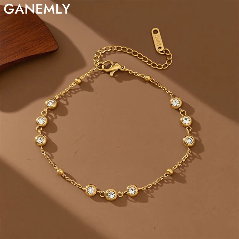 GANEMLY 316L Edelstahl Runde Funkelnden Zirkonia Armband Für Frauen Mode Feine Handgelenk Kette Wasserdicht Schmuck Dame Geschenk