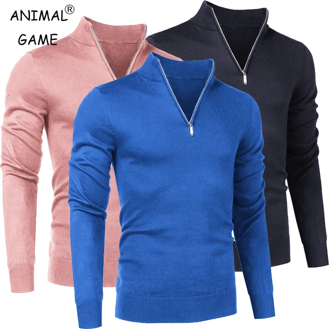 Jesienne męskie golfy Streetwear swetry z długim rękawem sweter ciepły jednolity kolor pół zamek błyskawiczny topy oddychająca czarna kurtka płaszcz