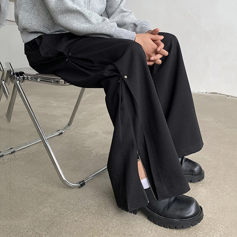 FEWQ Niche Metal Deconstruction Design Flared Trousers Darkwear Pleated Solid Color 2024 Korea Fashion Male Trousers 24E2083