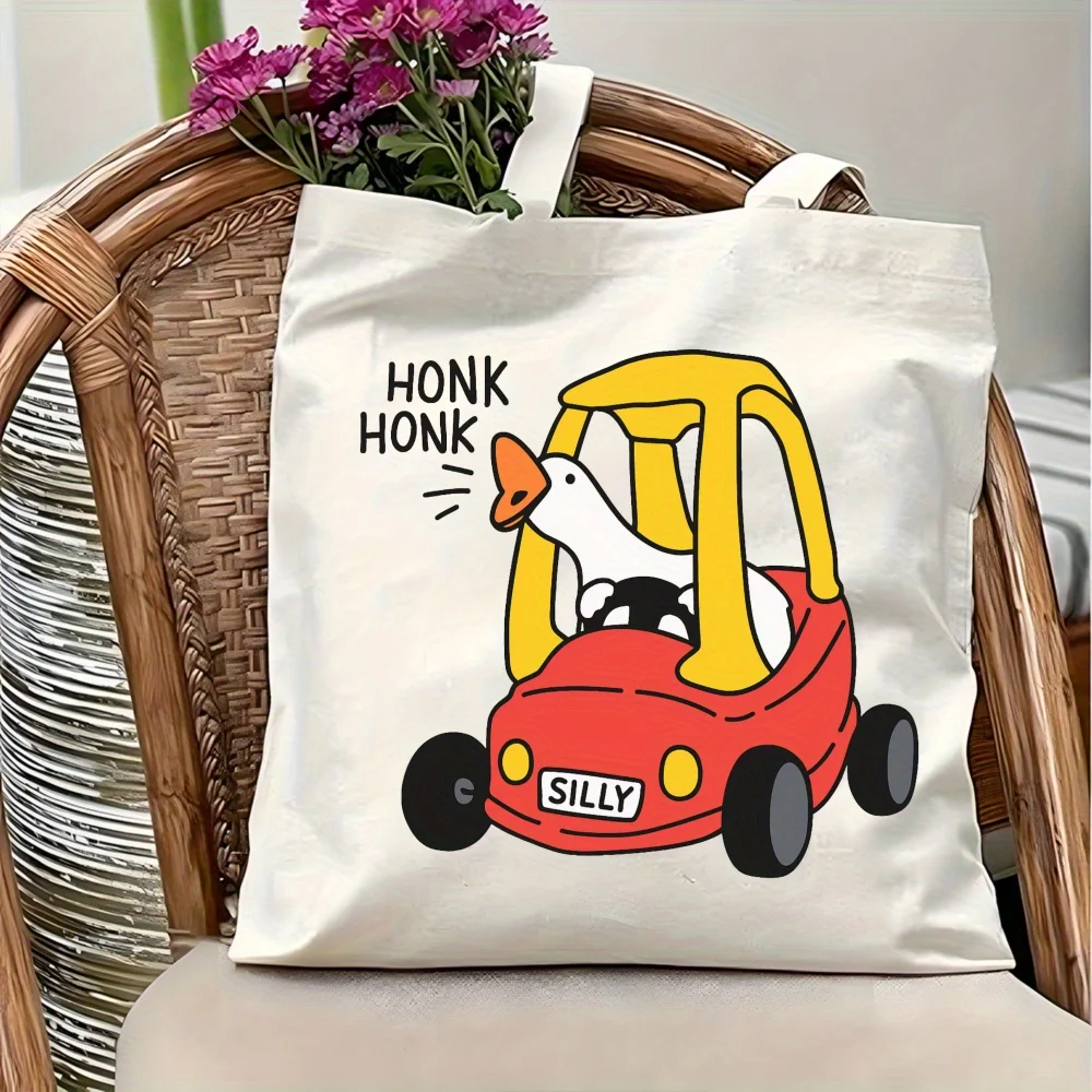 Canvas-Tragetasche mit Cartoon-Enten-Design, „Honk Honk Silly“, umweltfreundliche, wiederverwendbare Tragetasche mit großem Fassungsvermögen für den täglichen Gebrauch, zum Einkaufen und Reisen. – Detail 3