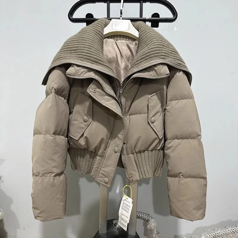 Fashion Women Down Jackets Big Lapel High Waist Zipper Short Puffer Coat Winter Casual Slim Thick Warm Outerwear Female