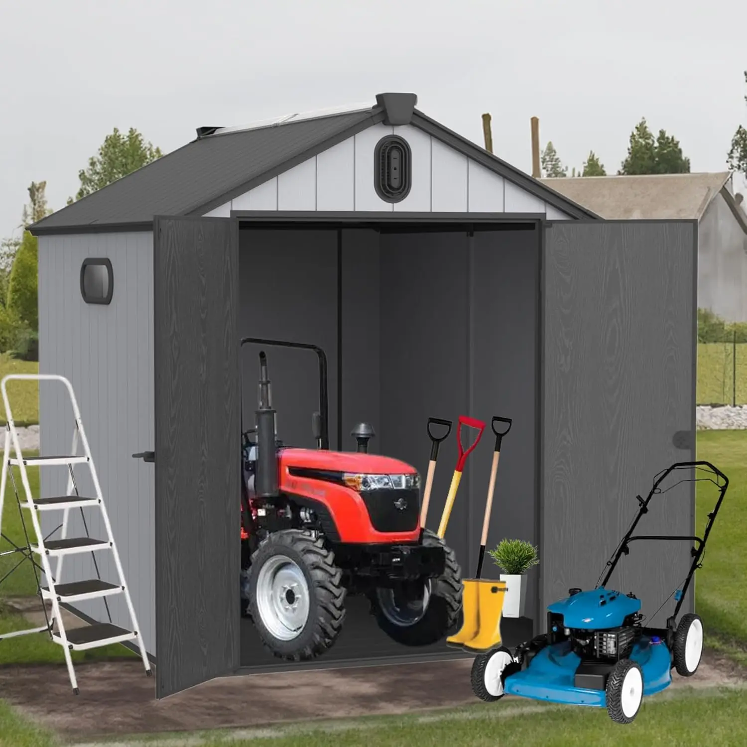 6x8 FT Outdoor Storage Shed Plastic Garden Cabinet with Waterproof Roof Hinge Mechanism for Backyard Patio Lawn