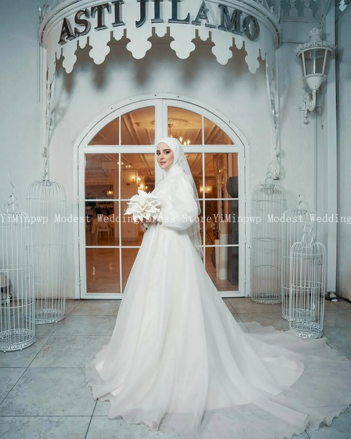 Summer Muslim Wedding Dresses for Bride High Neck Long Sleeve Sweep Train Beading Hijab Women Bridal Gowns свадебное платье