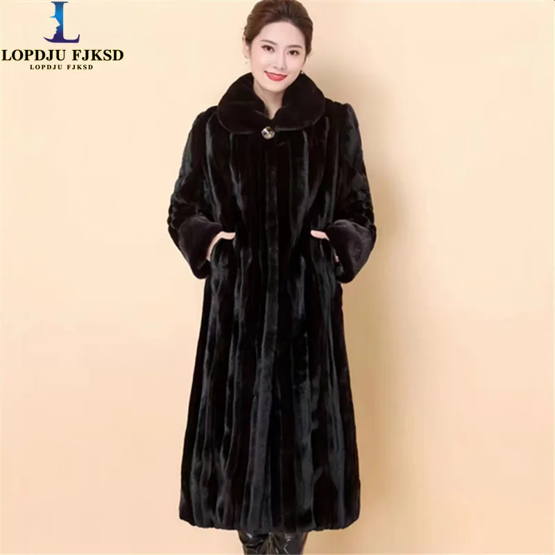 Faux Mink Fur Coat for Women, Adjustable Waist Long Jacket, Casual Outwear,High Quality,Covered Button , Autumn and Winter