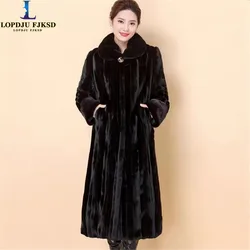 Faux Mink Fur Coat for Women, Adjustable Waist Long Jacket, Casual Outwear,High Quality,Covered Button , Autumn and Winter