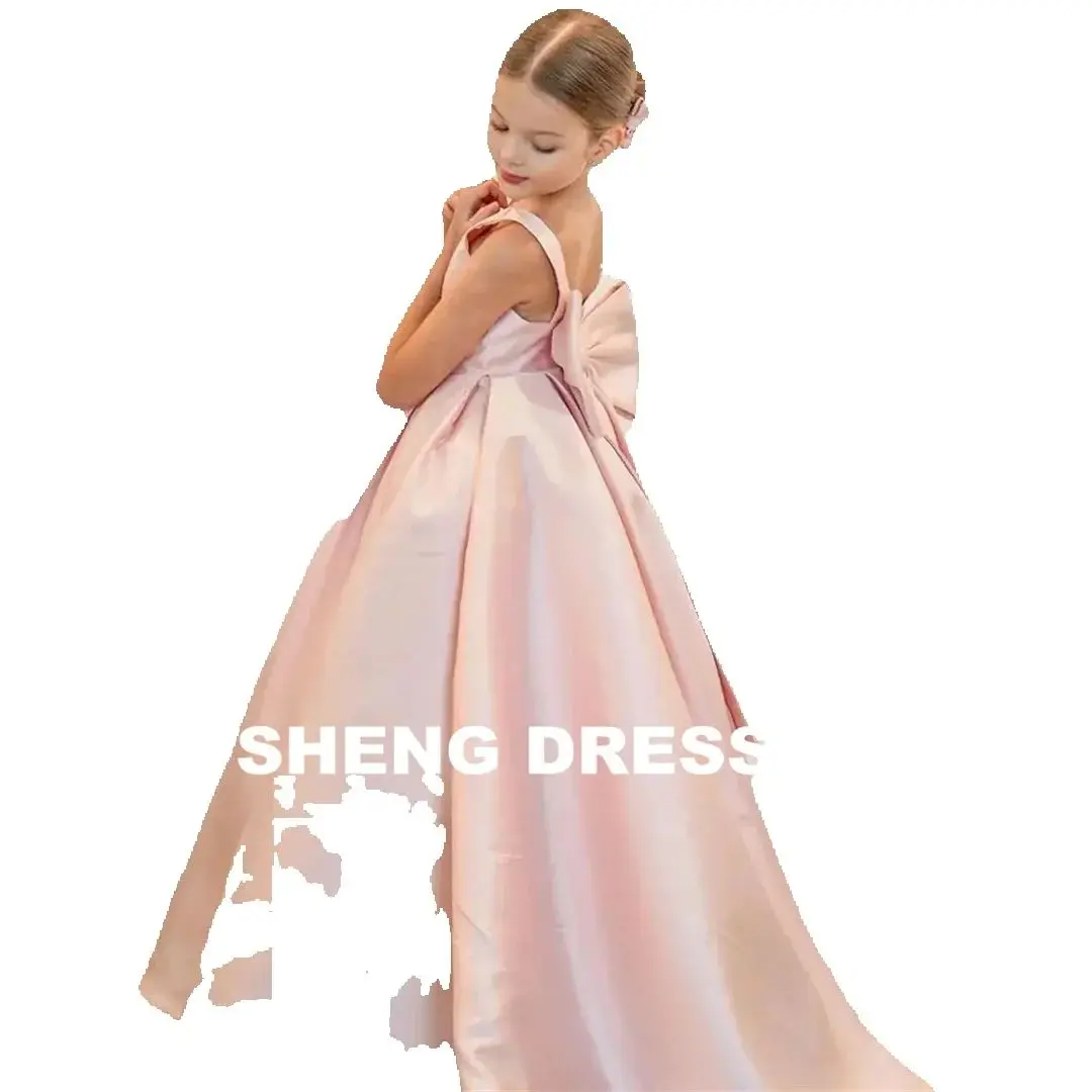 فستان زفاف مخصص من الساتان مع فيونكة بدون أكمام على شكل حرف V من الخلف فستان فتاة الزهور للأميرة الطفل أول فستان حفلة عيد ميلاد إفخارستيا