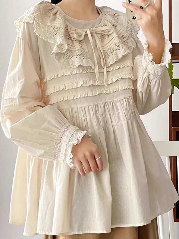 

TIYIHAILEY, хлопково-льняная весенне-осенняя новая блузка, топы для женщин, футболки с длинными рукавами-фонариками, тонкая свободная рубашка, 2025 г., кружевное лоскутное шитье