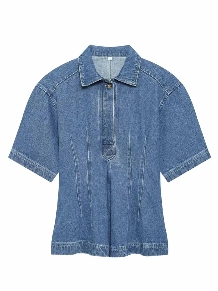 

HH Woman Spring Fashion Versatile Short Sleeves Tighten The Waist Lapel Denim Fabric Shirt Female Elegant Comfortable Tops