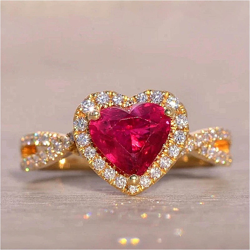 Romantischer, herzförmiger, roter, synthetischer Zirkonia-Ring für Damen, modisch, funkelnd, für Hochzeit, Verlobung, Festival, Schmuckzubehör