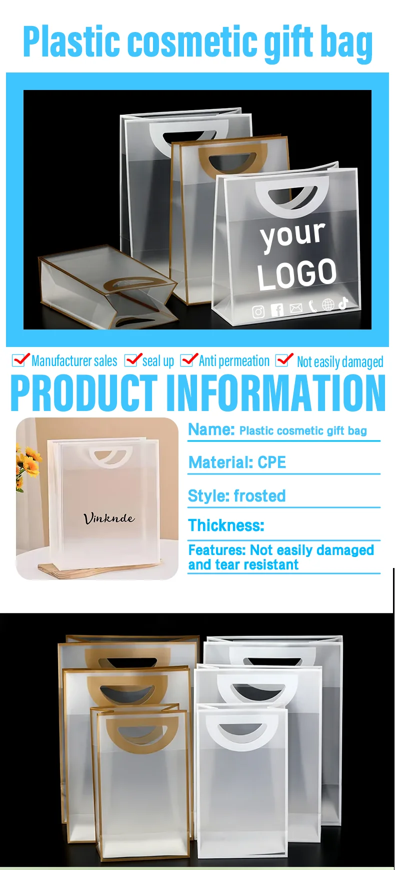 10 Stück Party-Geschenktüten, Kosmetik-Verpackungstaschen, Verstärkte PVC-Hartplastiktaschen, Event-Promotion, Anpassbares Logo – Detail 1