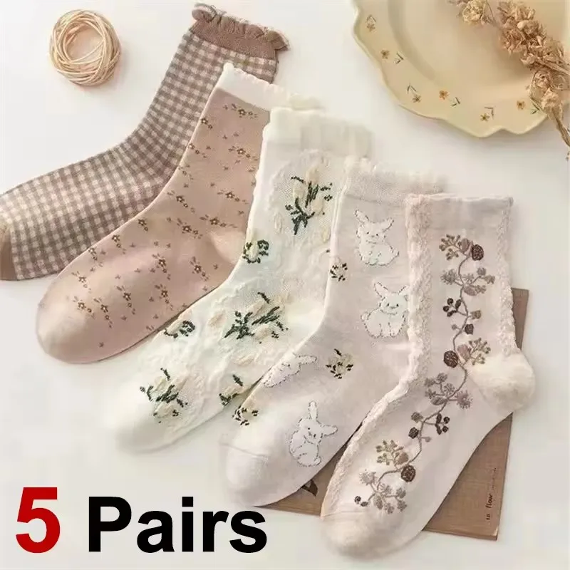 

5 пар женских носков средней длины с мультяшным принтом, удобные впитывающие пот дышащие повседневные носки в стиле ретро с цветочным рисунком животных
