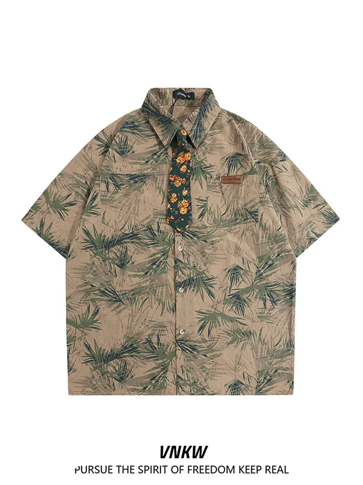 

Рубашка с коротким рукавом в стиле ретро с американским тропическим принтом, свободного кроя, с воротником, универсальная, шикарная, повседневная, весенняя, молодежная, хлопковая, мужская одежда