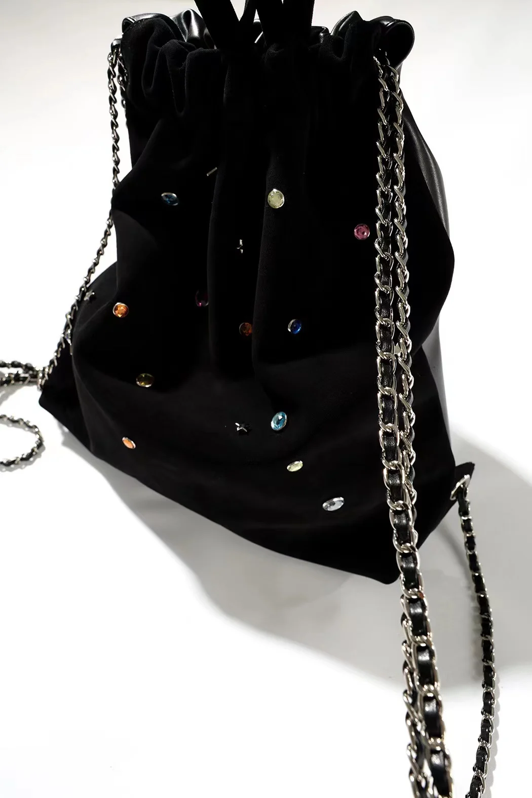 YMBHZ British Style Faux Velvet Gem Chain Drawstring Women's Backpack Soft Shoulder Bag Casual Leisure Tote Bag