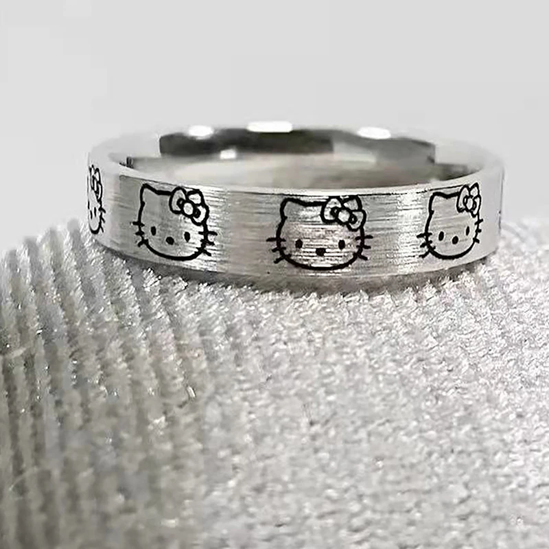 Sanrio Hello Kitty Anéis Cor Prata para Mulheres, Anel de Dedo Feminino, Acessórios Dos Desenhos Animados, Anéis Kawaii, Menina