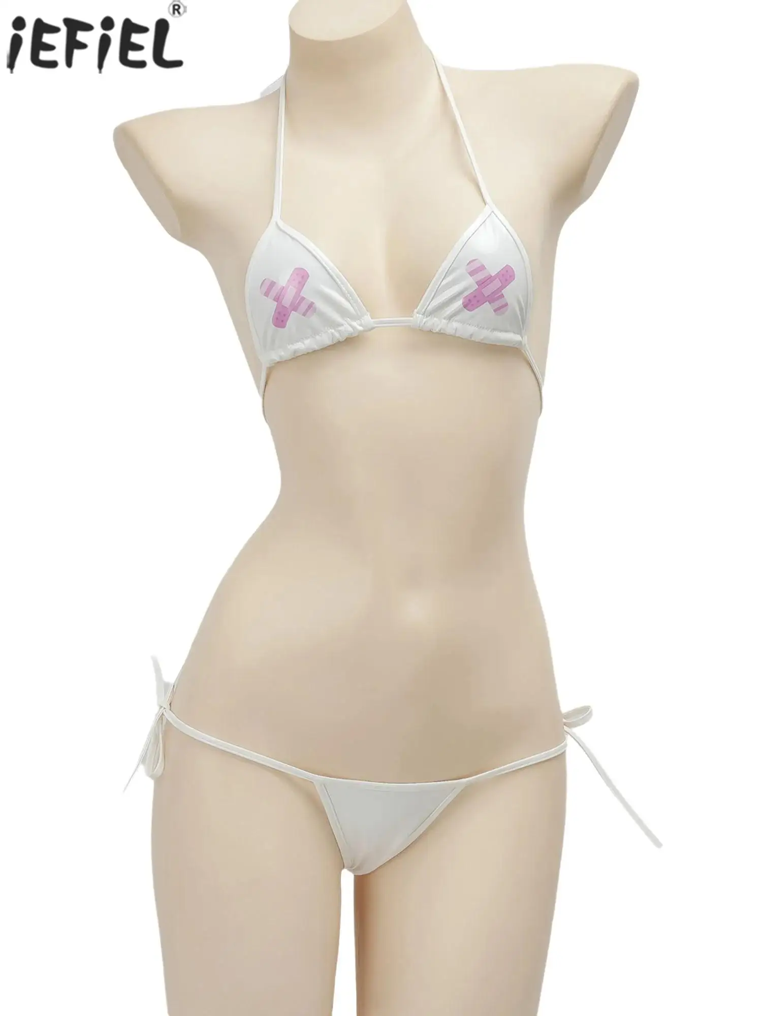 

Women PU Leather Bikini Set Swimsuit Triangle Bra with Low Rise Side Tie Thong Briefs for Lingerie Nightwear Pool Beachwear