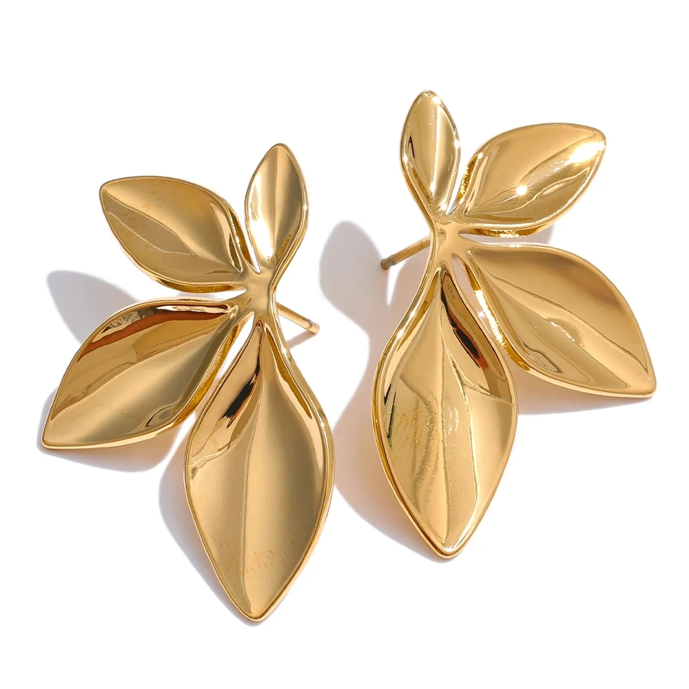 Fashion Stainless Steel Leaves Flower Stud Earrings Bright Anti Allergy Waterproof Charm Texture High Quality Jewelry Gifts