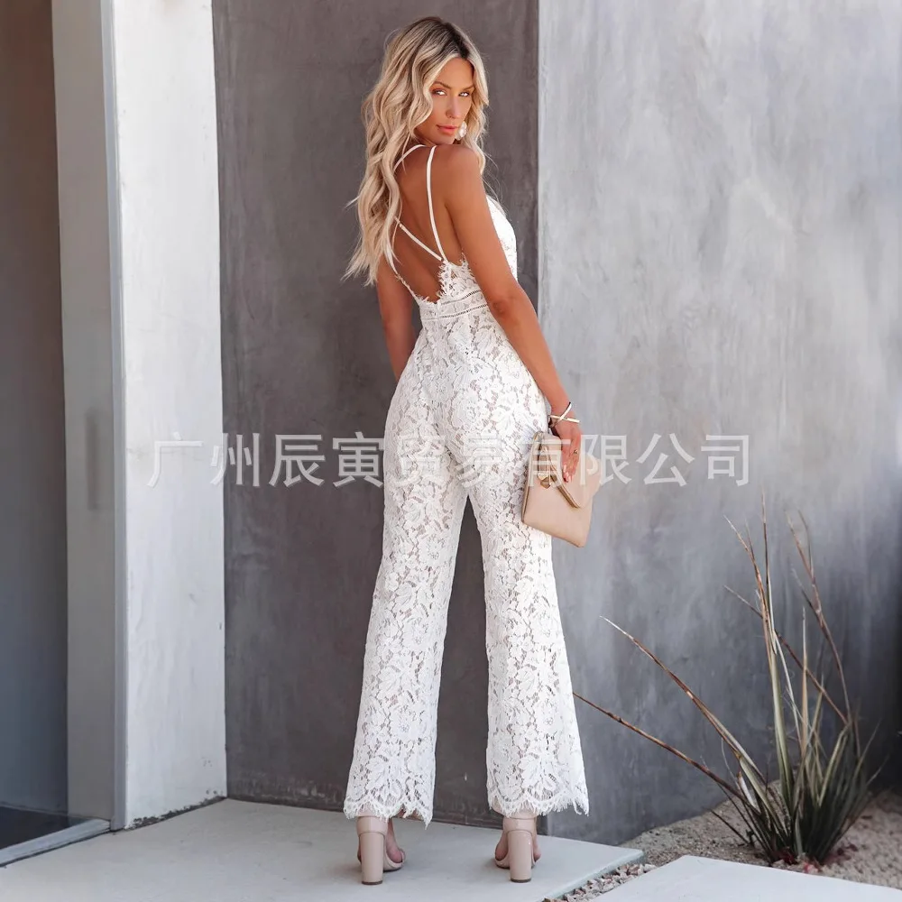 Women's Spaghetti Strap Deep V Neck Lace Hollow Out High Waist Flare Long Pants Jumpsuit Elegant Versatile Dating Daily Jumpsuit