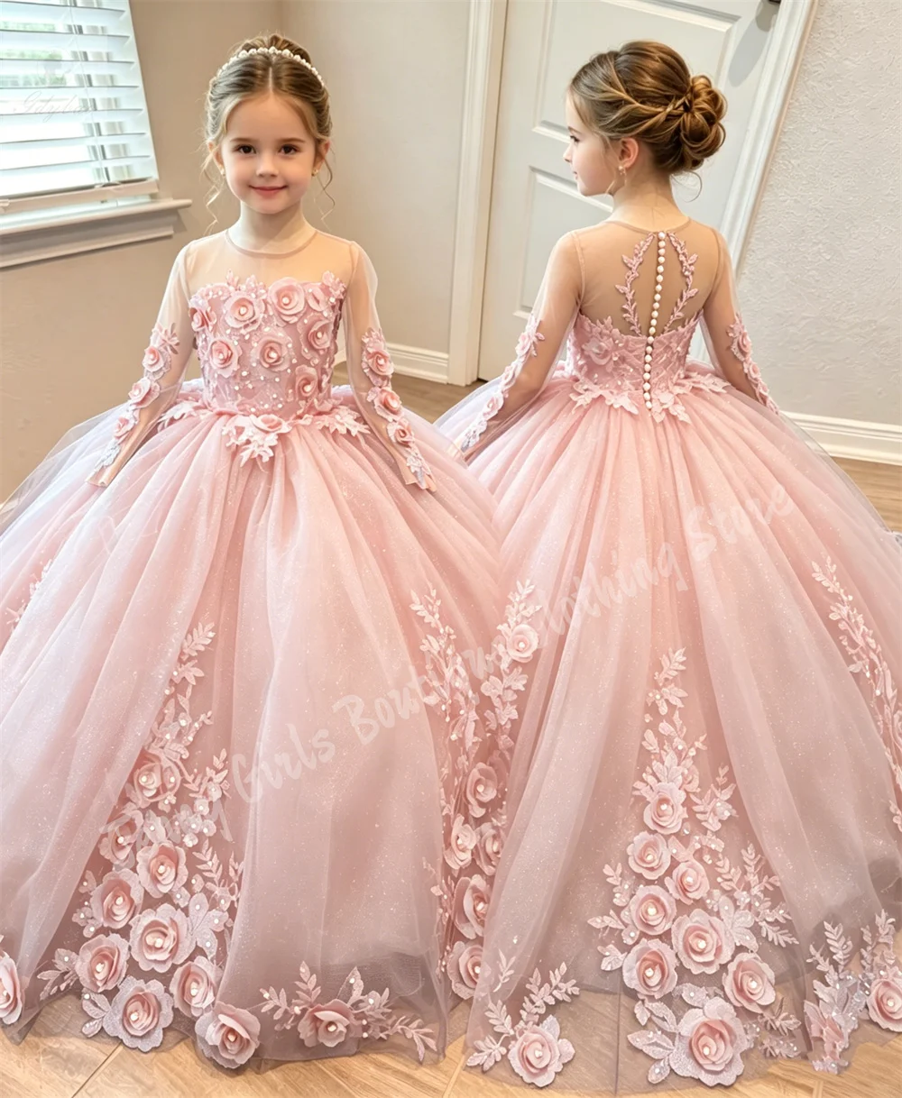 Golden 3D Applique Long Sleeve 2026 Little Girl Dress Fluffy Graduation Children's Birthday Party Dress Photography