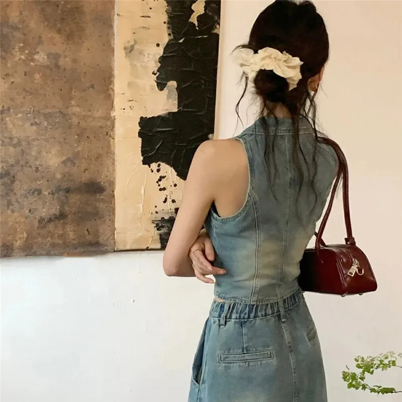 Vimly Retro Washed Cotton Denim Skirt Sets Women 2024 Spring Summer Lapel Sleeveless Jean Jacket Sraight Long Skirt 2 Piece Set