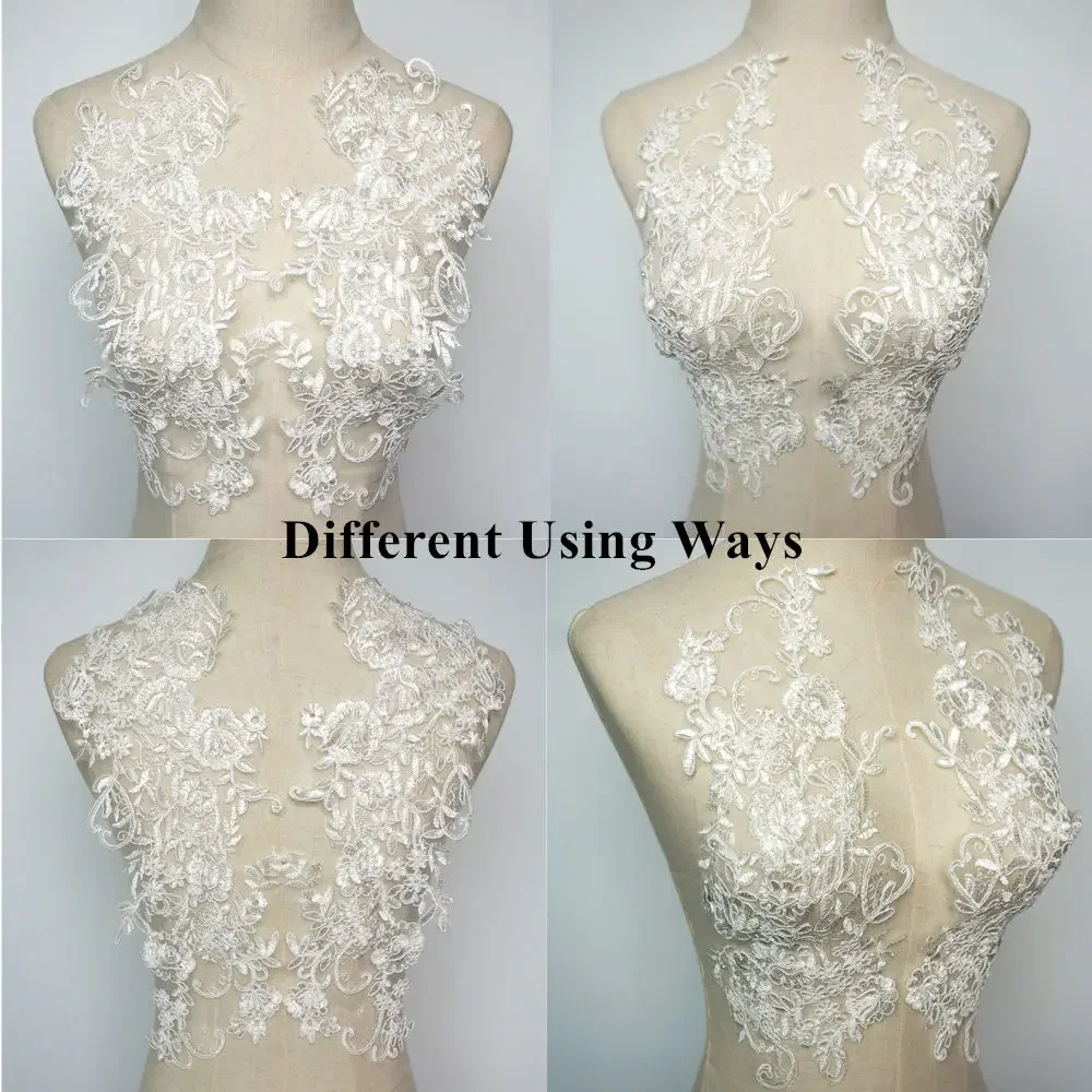 2PCS White Flowers Wedding Appliques Embroidered Lace Mesh Fabric Collar Sew On Patches For Bride Evening Dress DIY Decoration