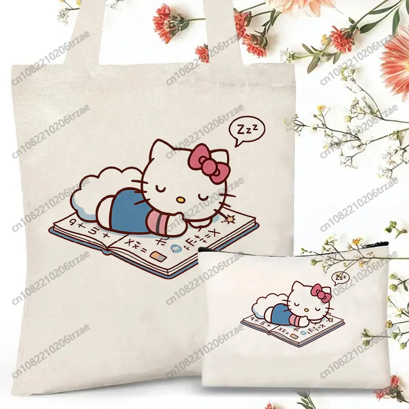 

Sanrio Hello Kitty Back To School Printed Shopping Bag Set Funny Kawaii White Unisex Fashion Travel Canvas Bags Makeup Bag