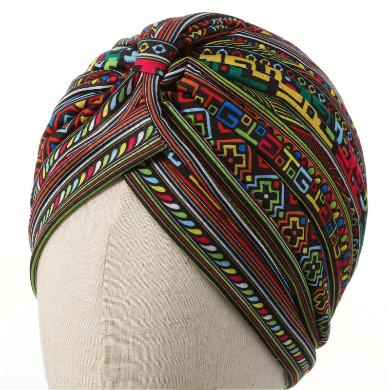 Print Flower Knot Ruffle Chemo Hat Forehead Cross Head Wrap for Women Stretchy Elastic, Ultra-Lightweight, Soft Beanie view 3
