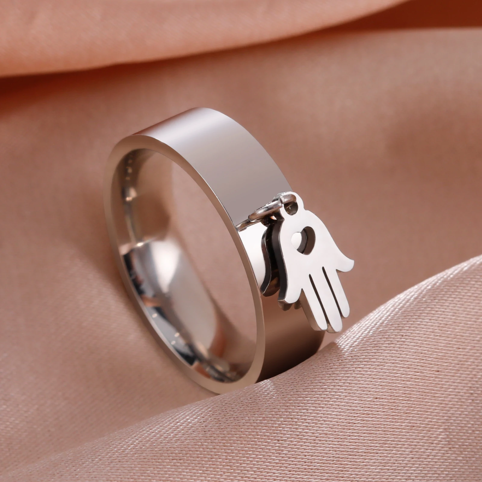Kkjoy Damenringe, silberfarben, Hamsa, Hand der Fatima, Edelstahl, weibliche Persönlichkeit, hohler Schmuck, Accessoires, Mädchen-Geschenk – Detail 28
