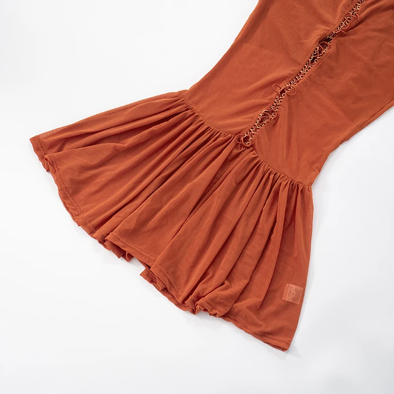 CUTENOVA レディース セクシー ハーフハイネック 半袖 胸元ロープ ホローアウト レースアップ パッチワーク メッシュヤーン プリーツ ショートドレス