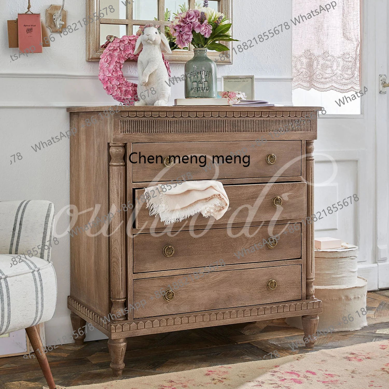 American solid wood chest, bedroom, bedside locker, French retro living room, multi-layer storage cabinet