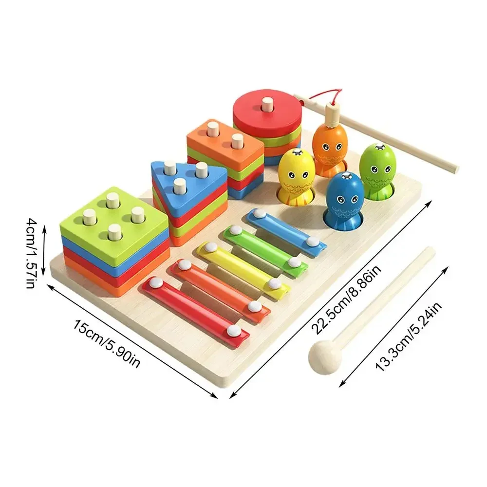 Montessori 3 in1 Wooden Toys Shape & Stacking Fishing Games Musical Instruments Puzzle Toys for Boys Girls Birthday Xmas Gift