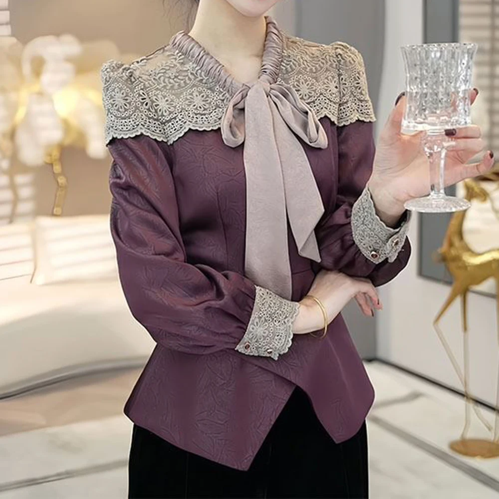 Stylish shirts, women's new autumn and winter, light luxury, high-end, popular lace streamer long-sleeved tops this year