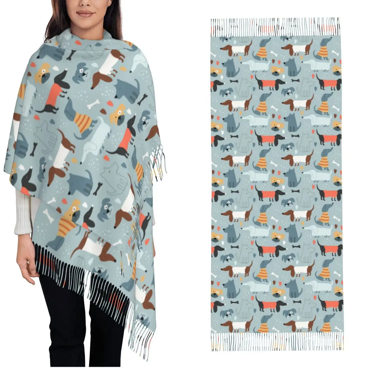 Cute Hand Drawn Funny Dogs Scarf for Women Winter Fall Pashmina Shawls and Wrap Kawaii Dachshund Long Large Shawl Scarf