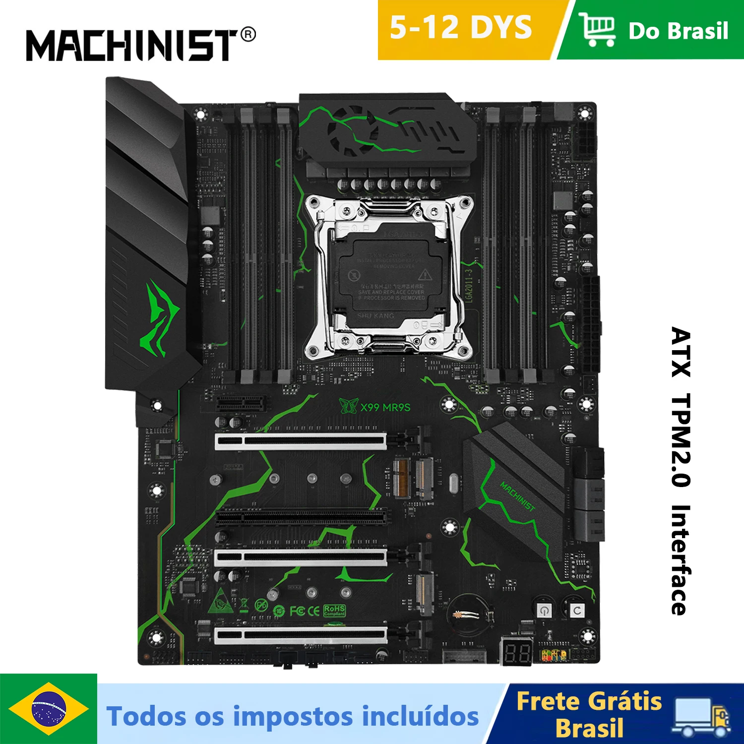 Placa-mãe MACHINIST MR9S X99 ATX com Suporte TPM 2.0, LGA 2011-3, CPU E5 V3/V4, RAM DDR4, Quatro Canais NVME M.2, USB3.0