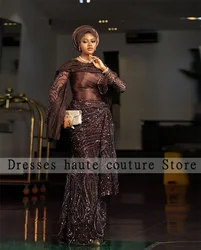 Aso Ebi Brown Lace Bead African Evening Dresses Long Sleeve Mermaid Dress Wedding Party Gown For Women Formal Gown Customized