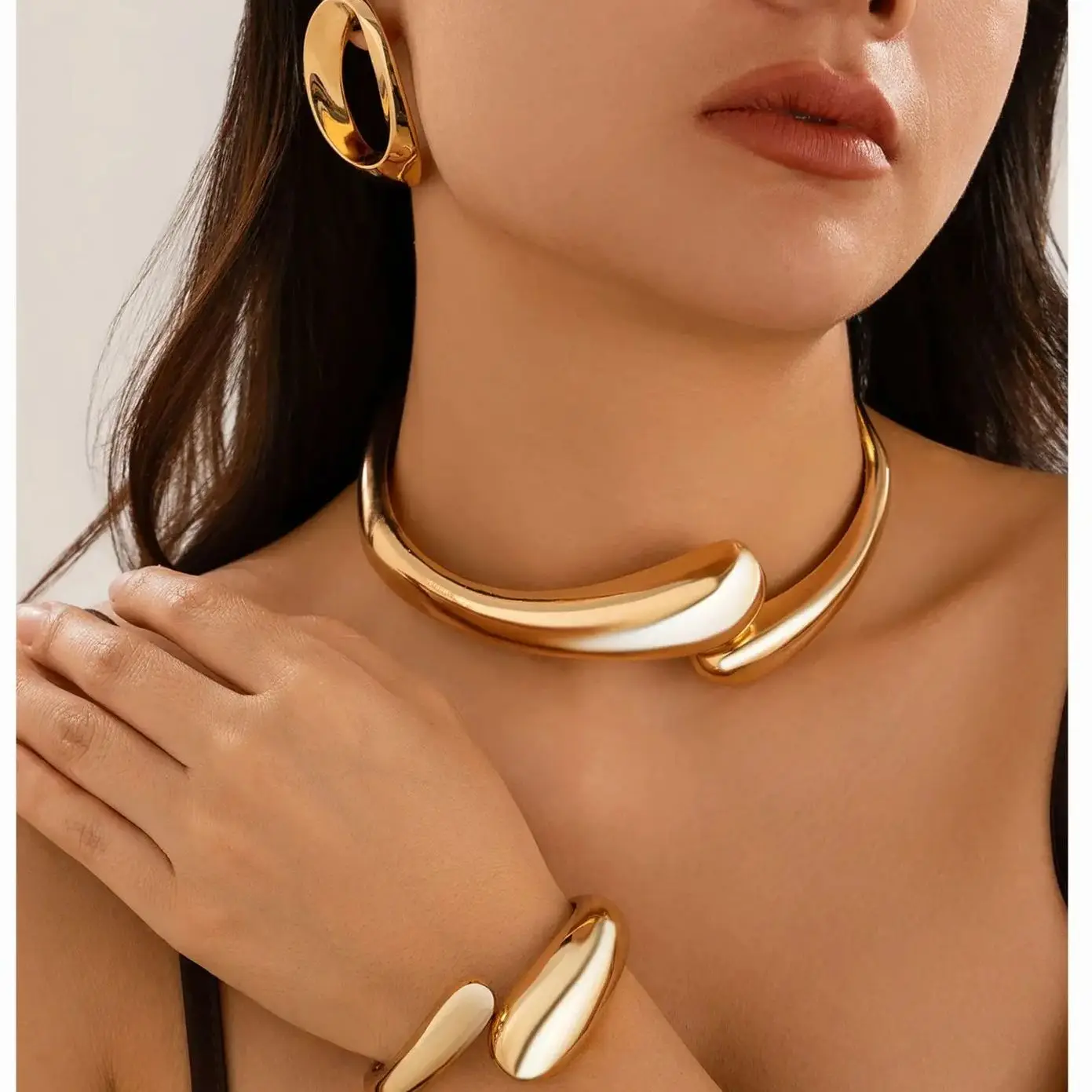 Hyperbole Water Drop Spring Open Necklaces Bangles Earrings Set For Women Punk Geometric Gold Silver Color Metal Jewelry Set