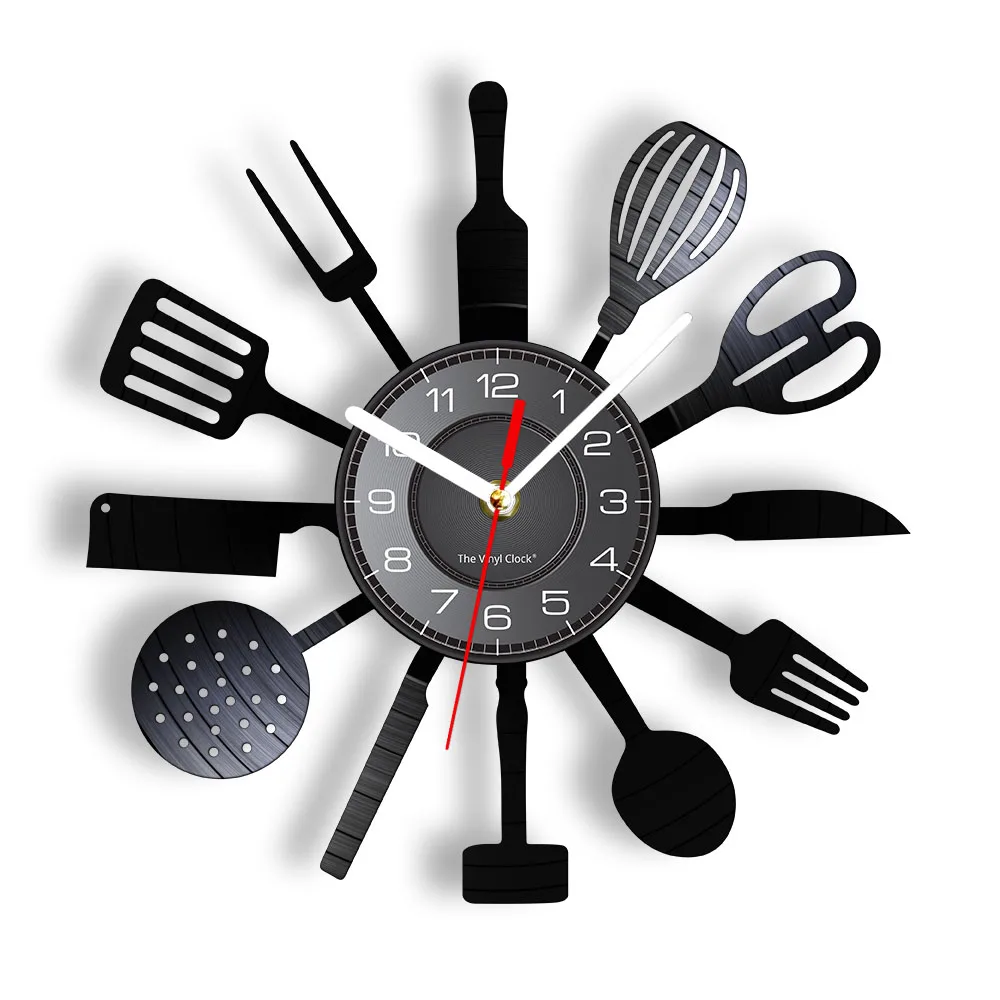 Talheres de cozinha vintage, registro de vinil, arte de parede, colher, garfo, faca, relógio de parede de cozinha, relógio decorativo, ideia de presente de comida