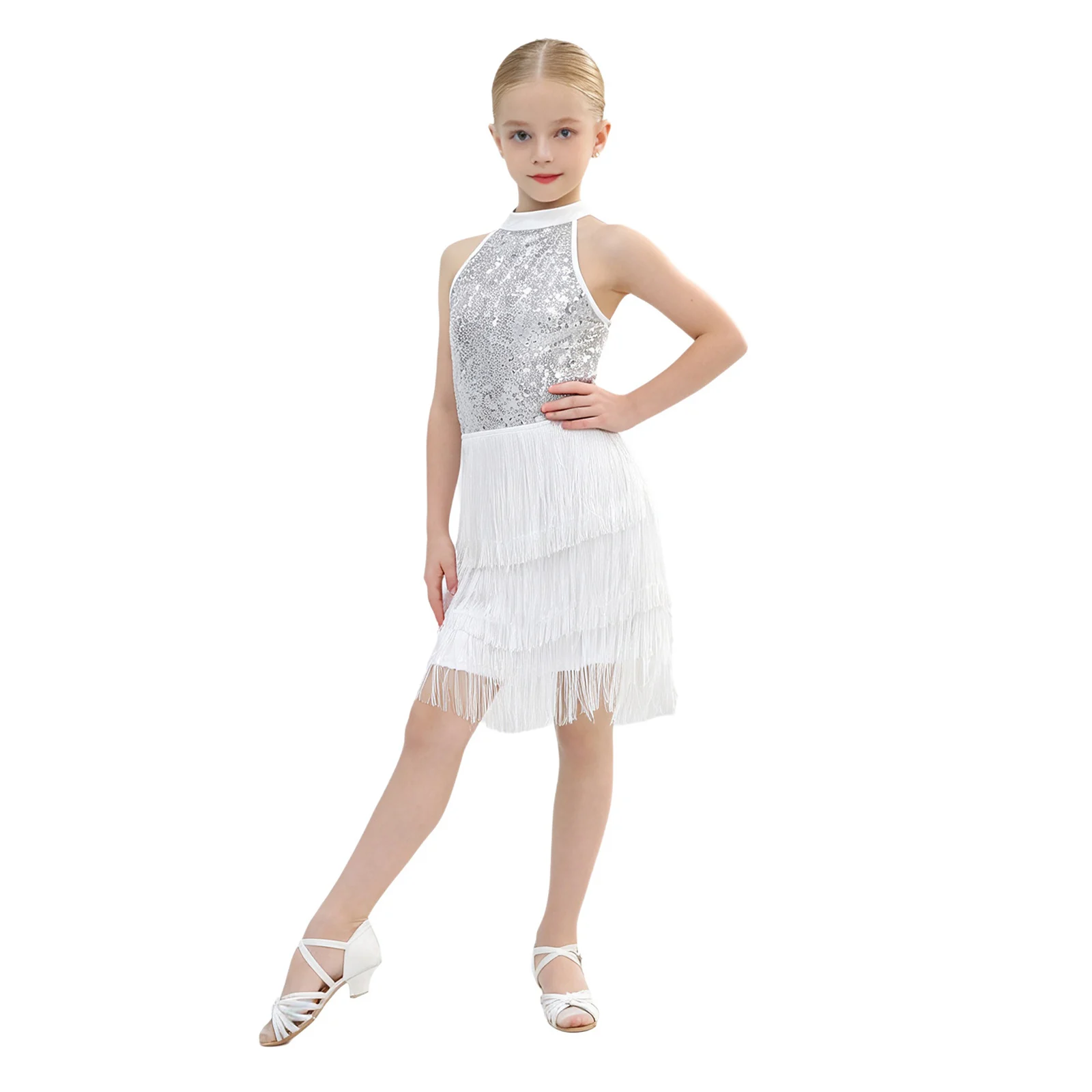 Kids Latin Dance Tassel Dress for Girls Fringed Dresses Salsa Outfit Tango Halter Sequin Stage Performance Chacha Dancewear