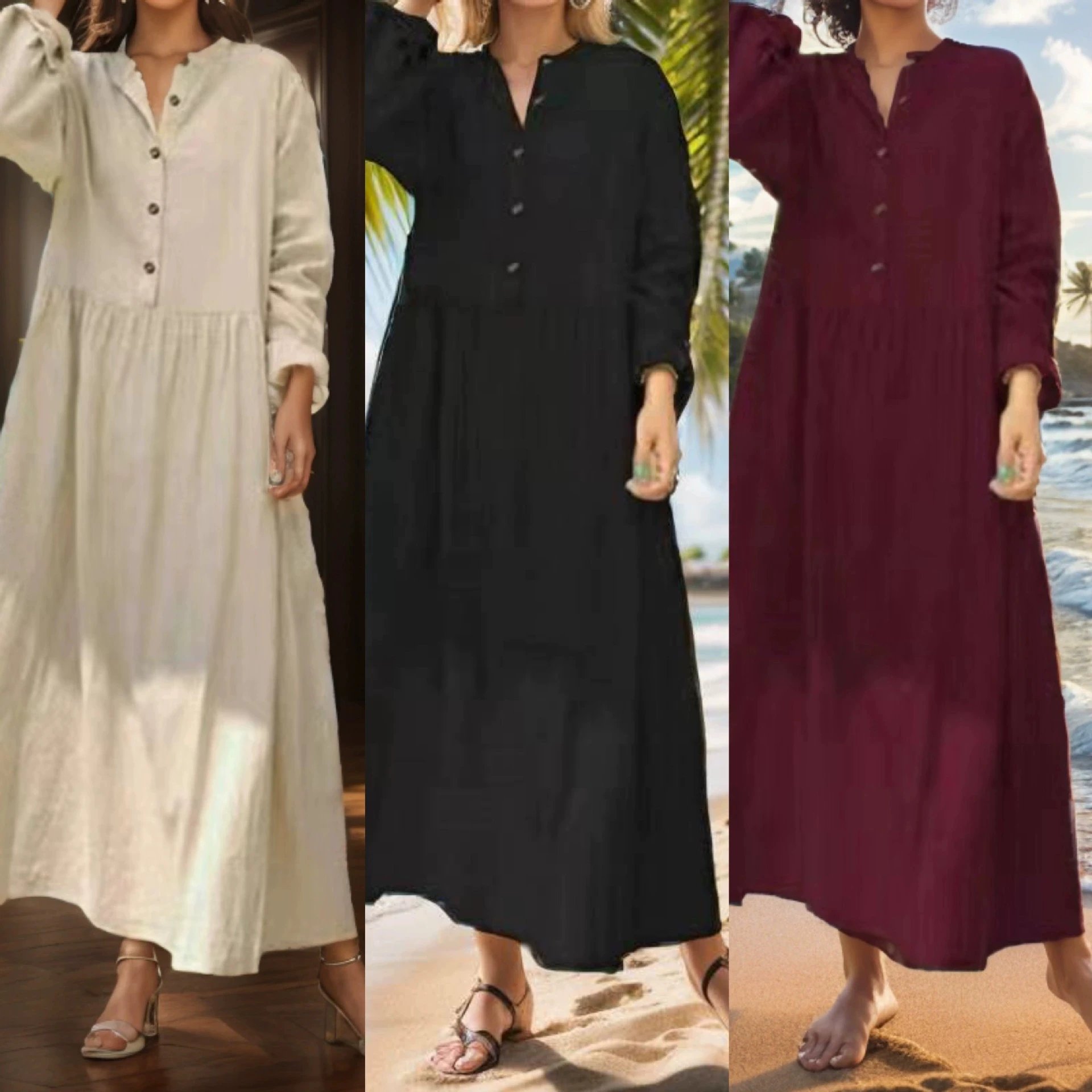 

Muslim plus size women loose long dress with stand up collar, cotton and linen solid color, long sleeved dress with large swing