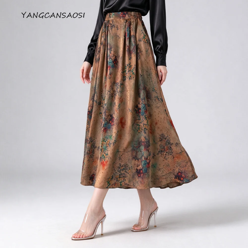 2026 Women's Fashion Autumn Clothing Glossy 100%Natural Mulberry Silk Gambiered Guangdong Gauze Printed A-line Large Swing Skirt