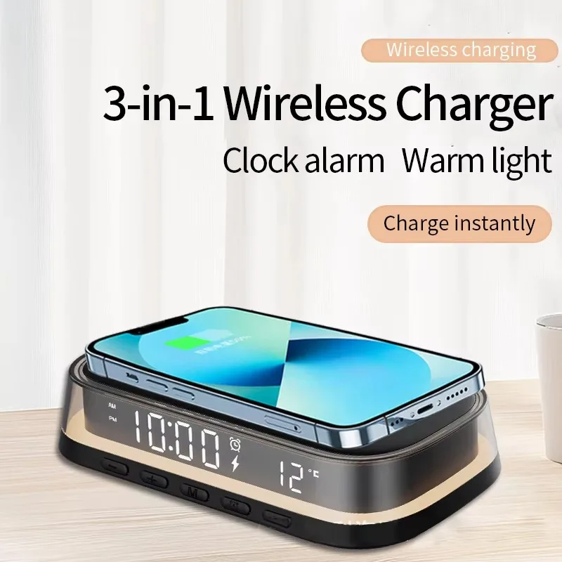 Multifunctional 15W Desktop LED Light Digital Alarm Clock Custom Clocks Wireless Charger for Wholesale