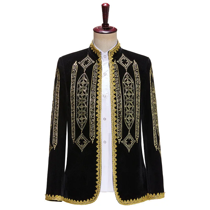 Men's Vintage Black Velvet Opera Jacket with Gold Embroidered Court Detail Stand Collar