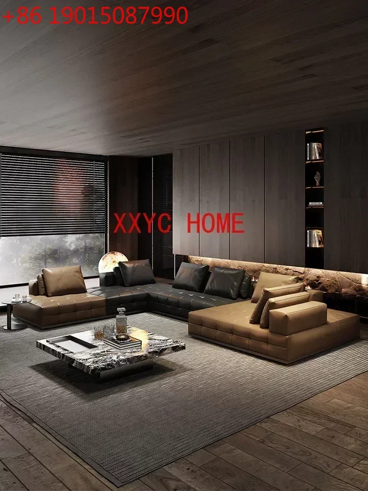 Leather Sofa Living Room Light Luxury Modern Simple Large Flat Villa