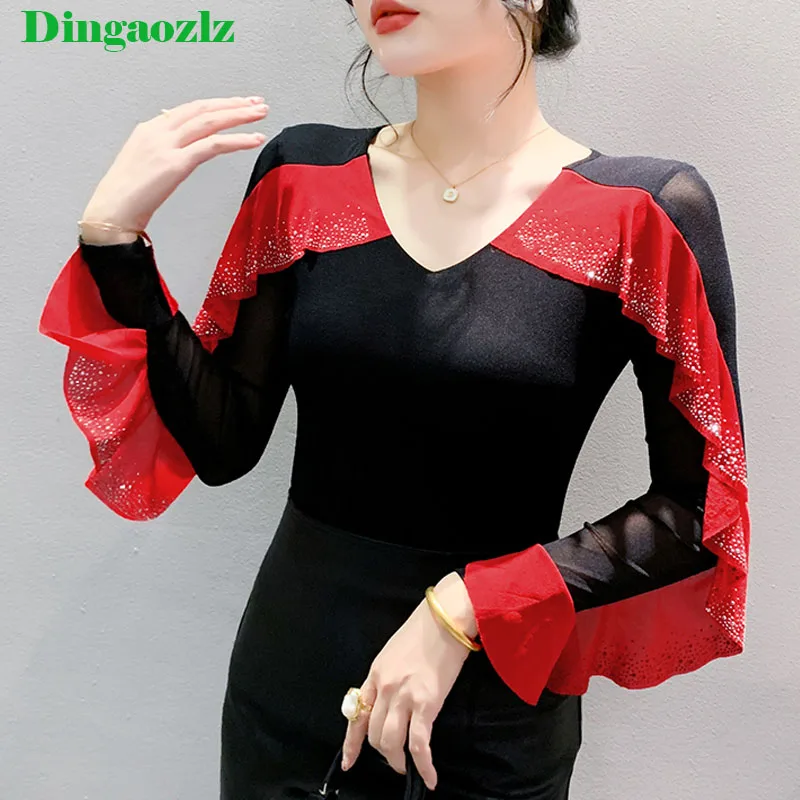 Dingaozlz  Chic Style Fashion Ruffles Women T-shirt Diamonds Slim Casual Female Tops Patchwork Contrast Mesh Tees