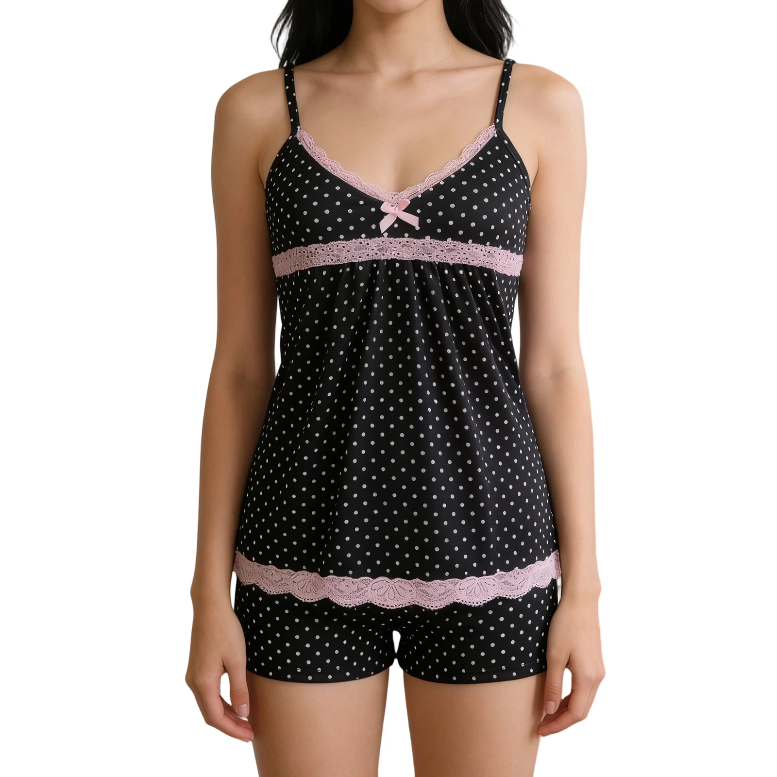 

Женский летний пижамный комплект, стильный топ на бретельках с кружевной отделкой и принтом в горошек, шорты, комплект из 2 предметов для отдыха